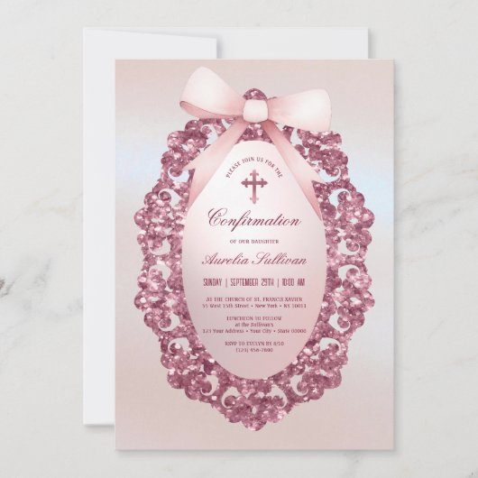 Invitation Confirmation vintage Frame Pink Bow Faux Foil (Devant)