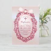 Invitation Confirmation vintage Frame Pink Bow Faux Foil (Debout devant)