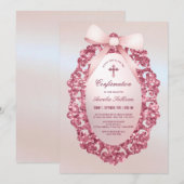 Invitation Confirmation vintage Frame Pink Bow Faux Foil (Devant / Derrière)