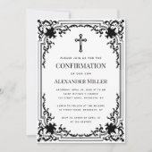 Invitation Confirmation Vintage Noir et Blanc Croix Religieus (Devant)