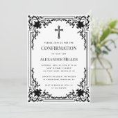 Invitation Confirmation Vintage Noir et Blanc Croix Religieus (Debout devant)