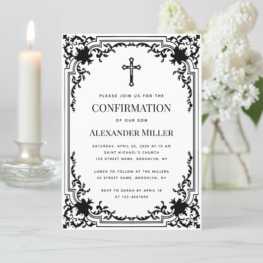 Invitation Confirmation Vintage Noir et Blanc Croix Religieus
