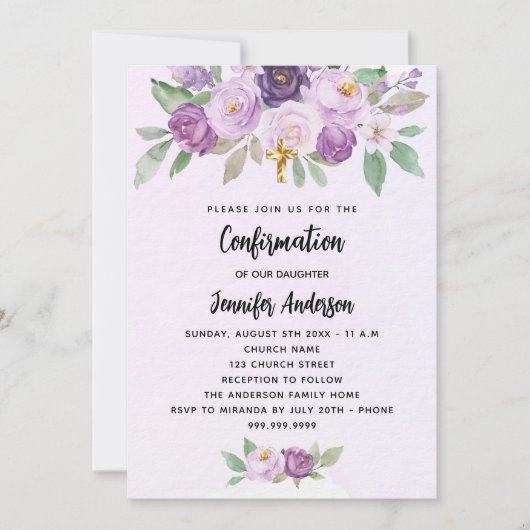 Invitation Confirmation violet fleurs verdure croix luxe (Devant)