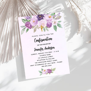 Invitation Confirmation violet fleurs verdure croix luxe