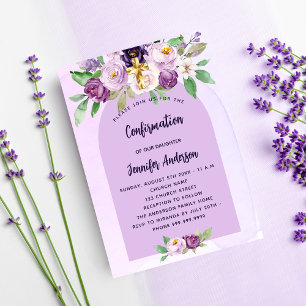 Invitation Confirmation violet fleurs violet croix fille