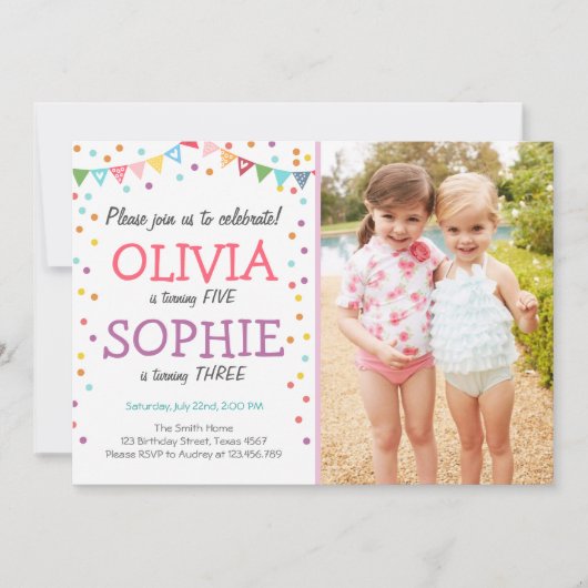 Invitation Conjoint jumeau fête d'anniversaire confetti (Devant)