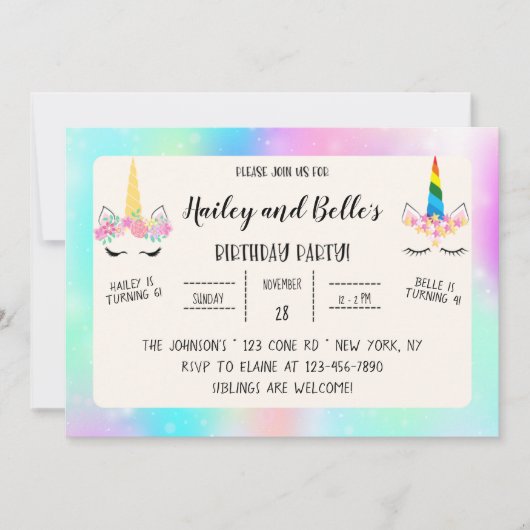 Invitation conjointe à l'anniversaire de la licorn (Devant)