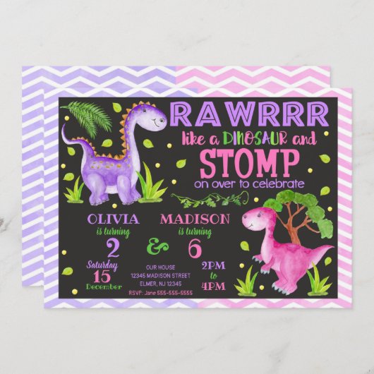Invitation conjointe d'anniversaire de Dinosaur po (Devant / Derrière)