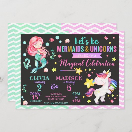 Invitation conjointe d'anniversaire de Mermaid et (Devant / Derrière)