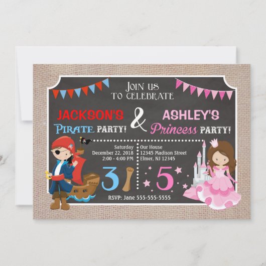 Invitation conjointe d'anniversaire de princesse e (Devant)