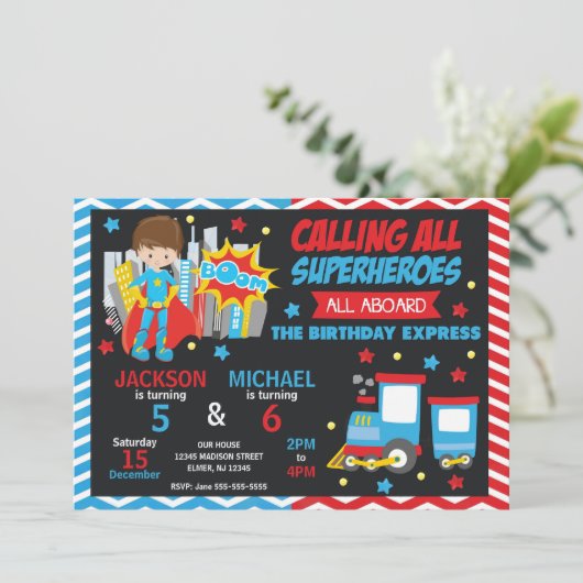 Invitation conjointe d'anniversaire Super-héros & (Debout devant)