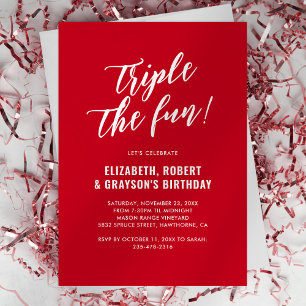 Invitation conjointe d'anniversaire Triple Fun rou