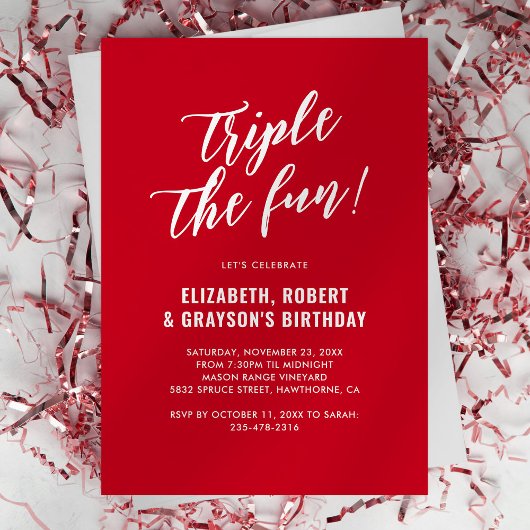 Invitation conjointe d'anniversaire Triple Fun rou