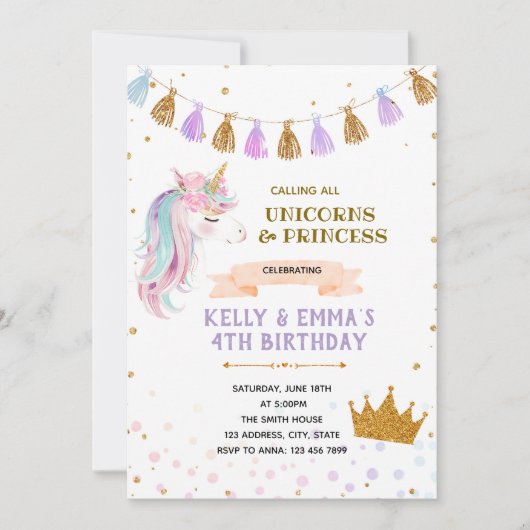 Invitation conjointe de Princesse et licorne (Devant)