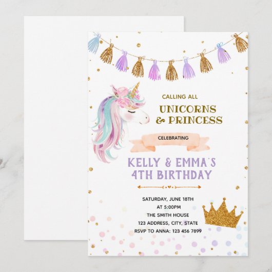 Invitation conjointe de Princesse et licorne (Devant / Derrière)