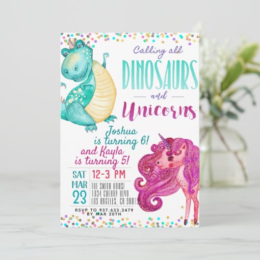Invitation conjointe Unicorn Dinosaur (Debout devant)