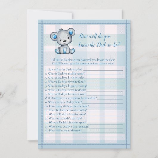 Invitation Connaît Daddy Best Cute Grey Bear Boy Shower Jeu (Devant)