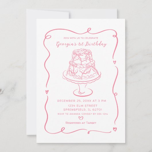 Invitation Conquette de gâteau rose Bow Girl's 1er anniversai (Devant)