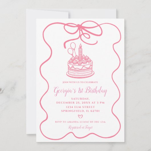 Invitation Conquette manuscrite rose Bow Girl's 1er anniversa (Devant)