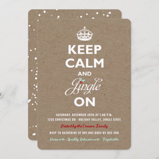 Invitation Conserver le calme et Jingle Rustic Holiday Invita (Devant / Derrière)