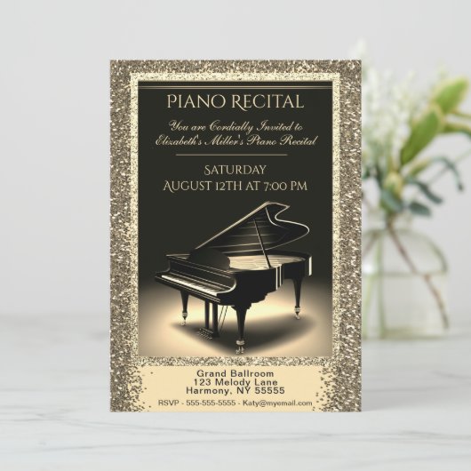 Invitation Considérant piano avec Parties scintillant or sur  (Debout devant)