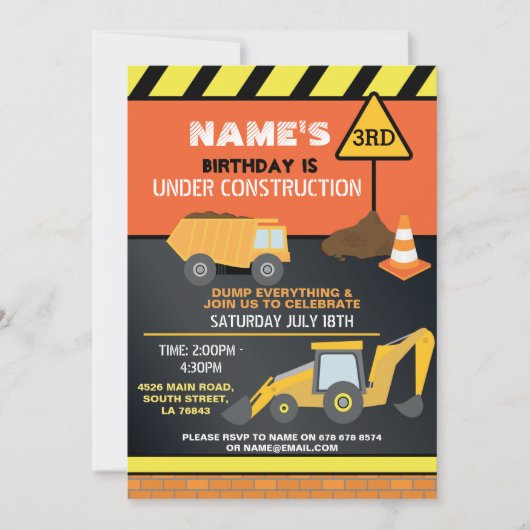 Invitation Constructeur de construction Digger Camion fête d' (Devant)