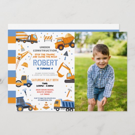 Invitation Constructeur de construction Digger Camion fête d' (Devant / Derrière)