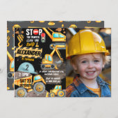 Invitation Construction 2e anniversaire Photo Camion Digger (Devant / Derrière)