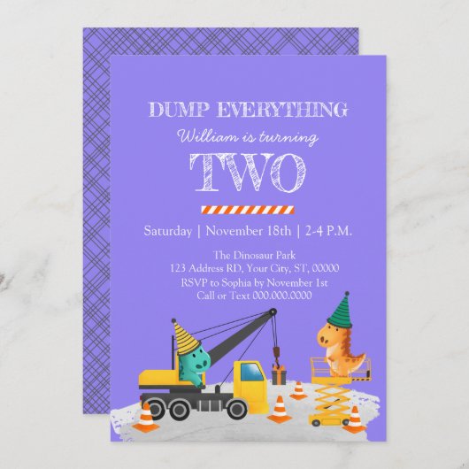 Invitation Construction 2e fête d'anniversaire, Thème Dinosau (Devant / Derrière)