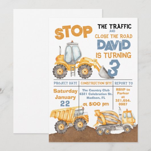 Invitation Construction 3e anniversaire de la fête de camionn (Devant / Derrière)