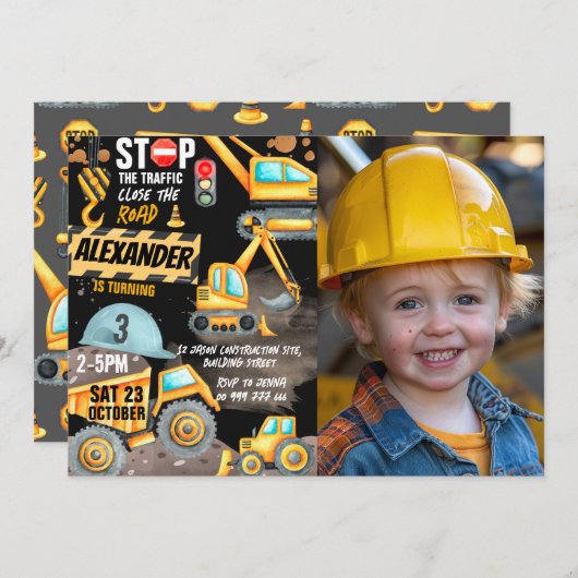 Invitation Construction 3e anniversaire Photo Camion Digger (Devant / Derrière)