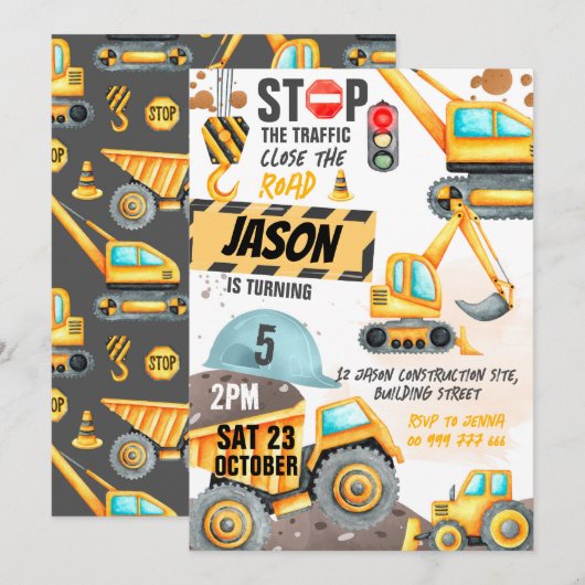 Invitation Construction 5Anniversaire de la fête de pompe cam (Devant / Derrière)