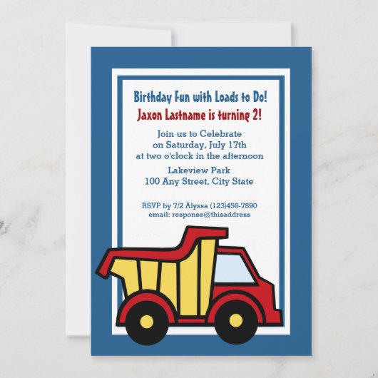 Invitation Construction Amusant Anniversaire Camion de vidage (Devant)