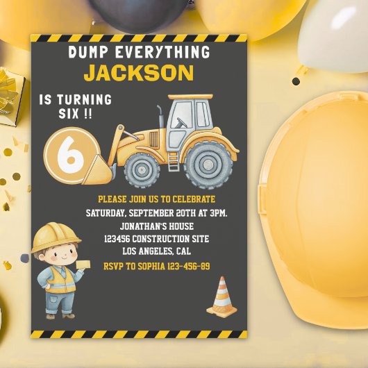 Invitation Construction Birthday Turning Six Boy