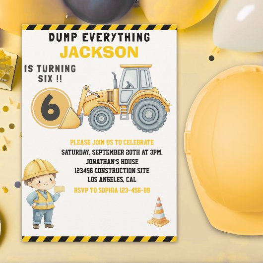 Invitation Construction Birthday Turning Six Boy Yellow