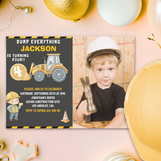 Invitation Construction Birthday  with Photo | Dump Truck 