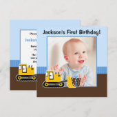 Invitation Construction Blue Brown 1er anniversaire garçon ph (Devant / Derrière)