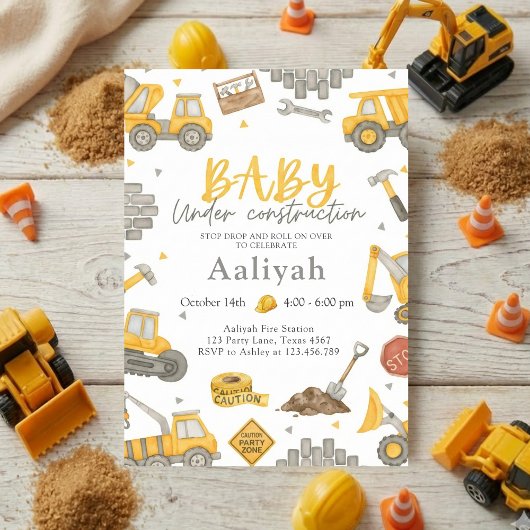 Invitation construction bulldozer celebration baby boy shower