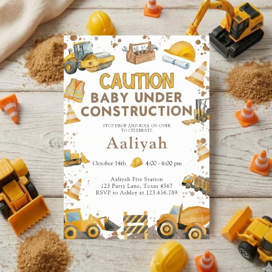 Invitation construction bulldozer celebration baby boy shower