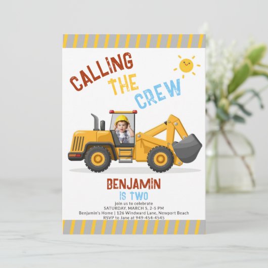 Invitation Construction Bulldozer Crew Boy 2e Anniversaire Ph (Debout devant)