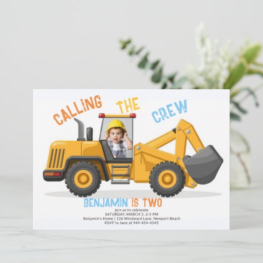Invitation Construction Bulldozer Crew Photo Boy 2e anniversa (Debout devant)