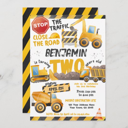 Invitation Construction, Camion de vidange 2e anniversaire (Devant / Derrière)