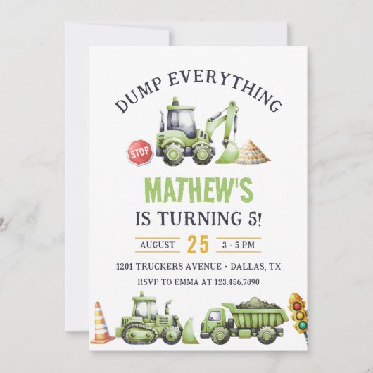 Invitation Construction Camion Digger 5e anniversaire (Devant)