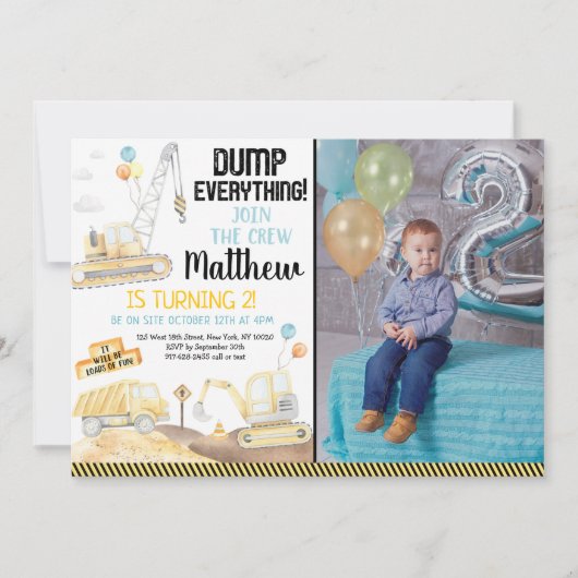 Invitation Construction Camion Digger Deuxième anniversaire (Devant)