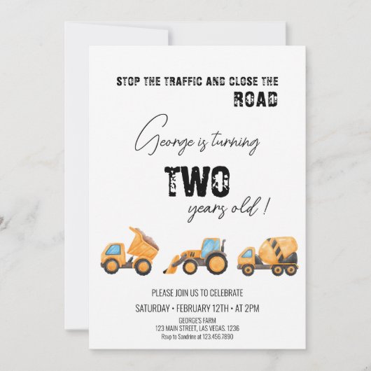 Invitation Construction Camion, quel que soit l'âge Anniversa (Devant)