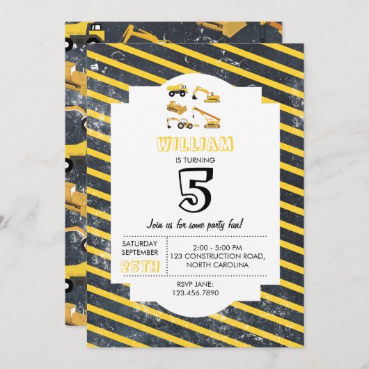 Invitation Construction Camions Garçons Fête d'anniversaire (Devant / Derrière)