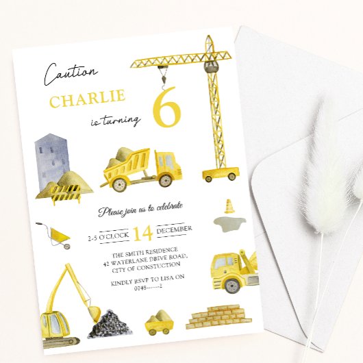 Invitation Construction Camions Grues Véhicules Enfants Anniv