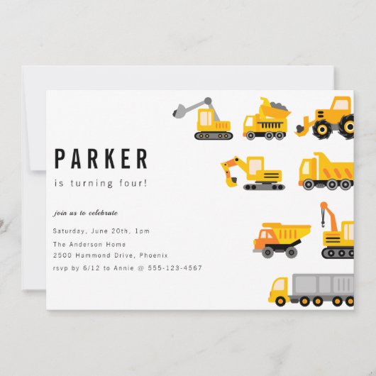 Invitation Construction Camions Thème Anniversaire (Devant)