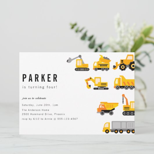 Invitation Construction Camions Thème Anniversaire (Debout devant)