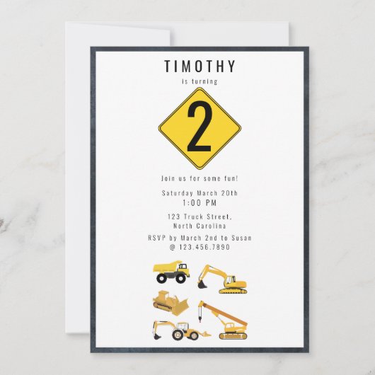 Invitation Construction Camions Thème Anniversaire Fête (Devant)